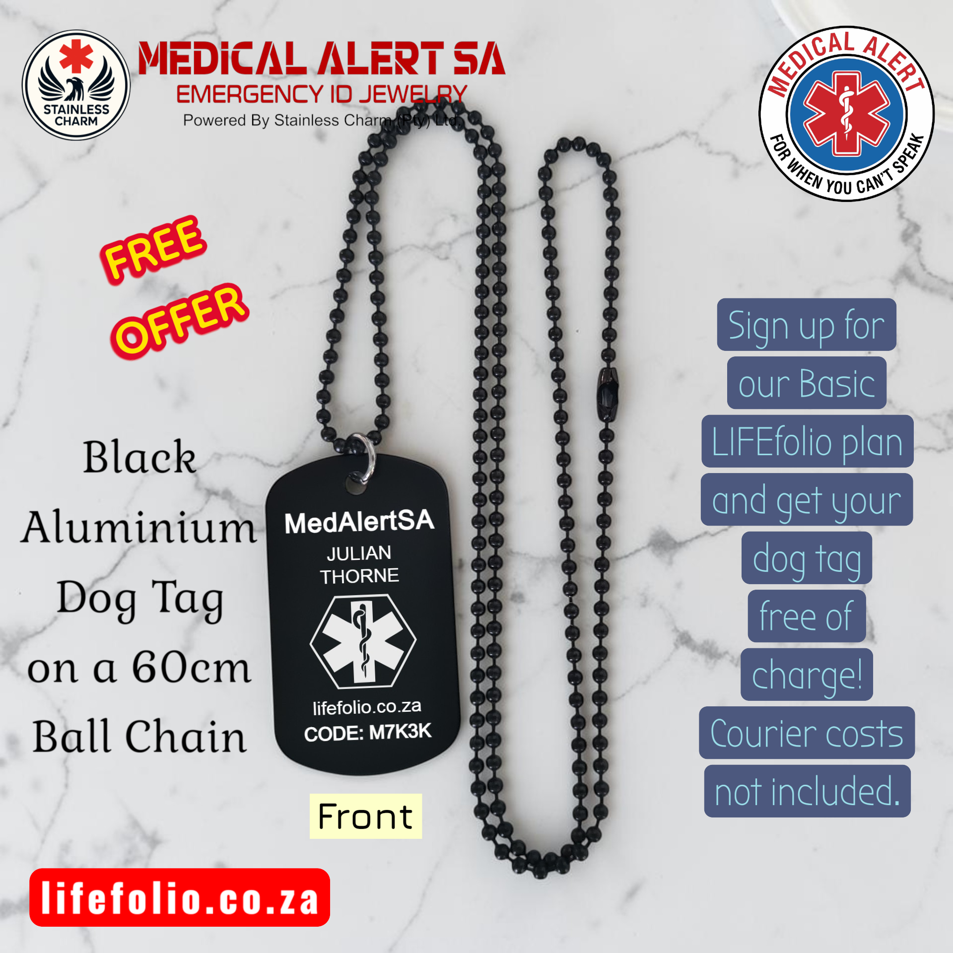 Front of black aluminium MedAlertSA dog tag with Star of Life engraving