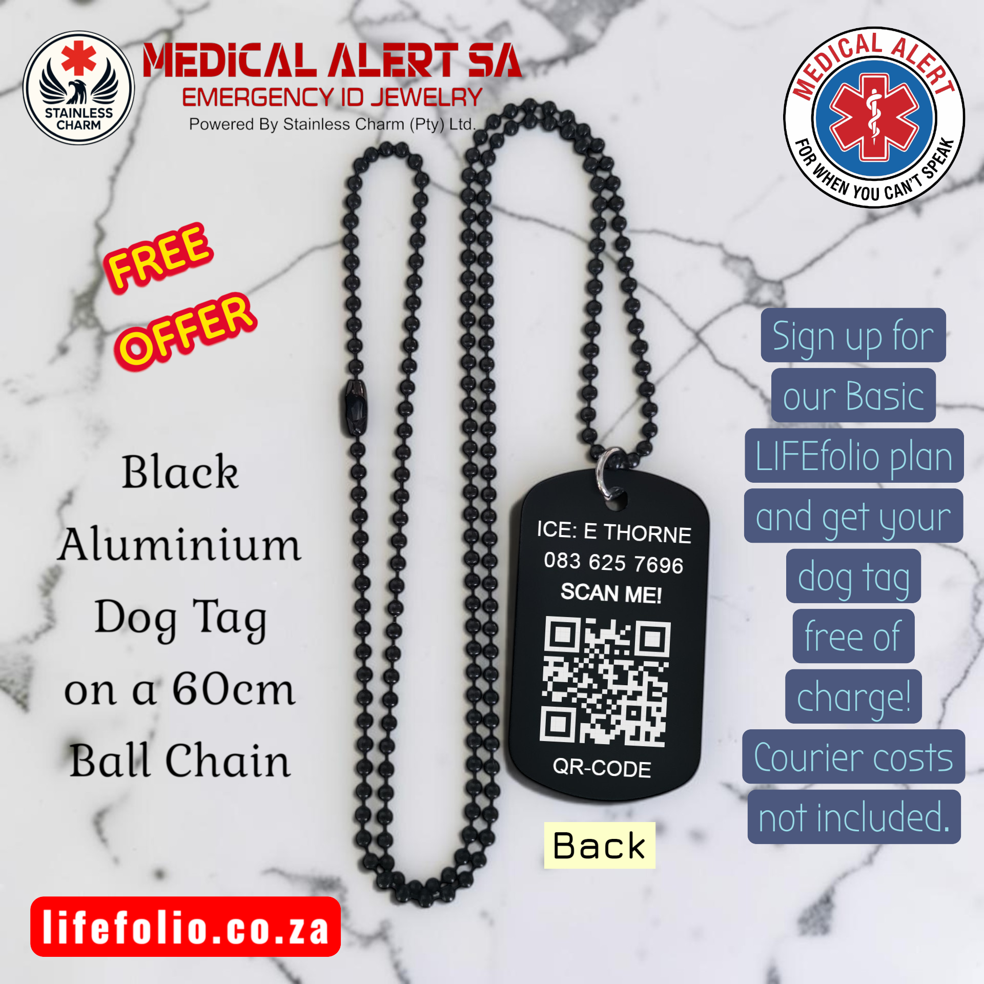 Back of MedAlertSA dog tag showing ICE contact and QR code
