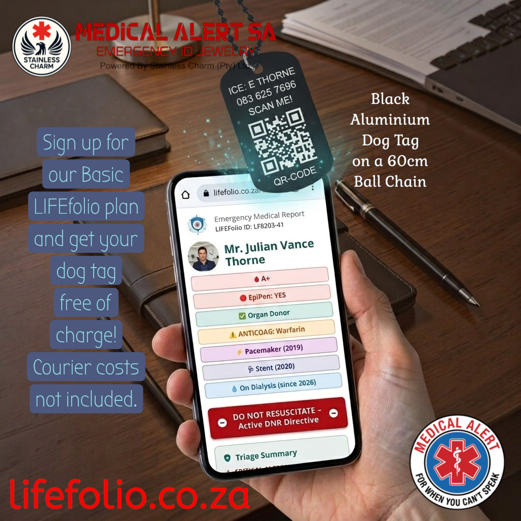 Hand holding a phone showing a LIFEfolio emergency medical report, with a MedAlertSA dog tag nearby