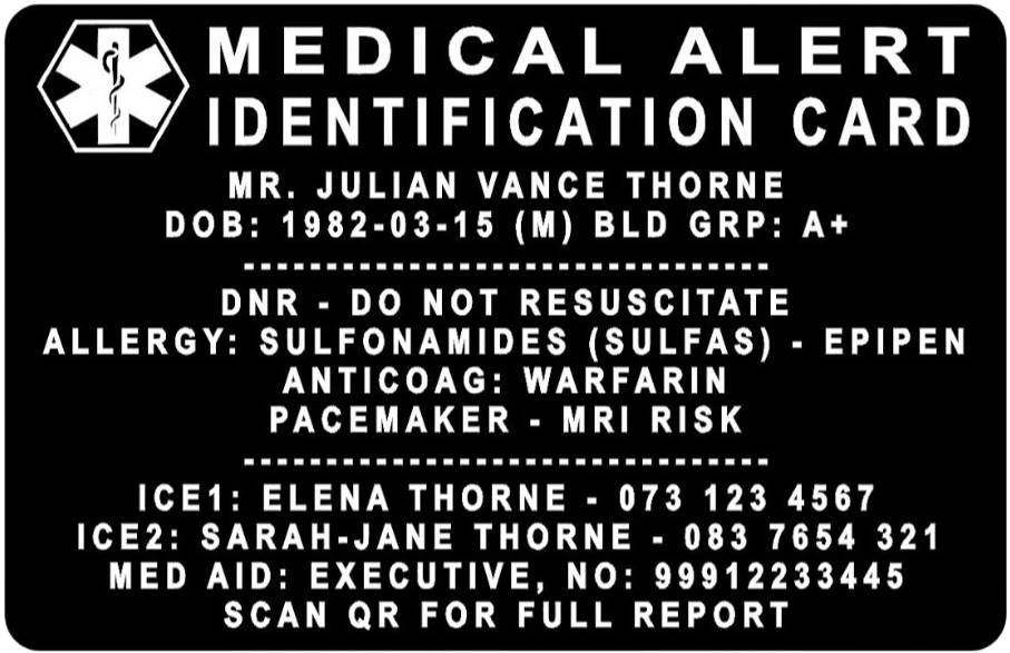 LIFEfolio Medical Alert Card — back with emergency QR and short code