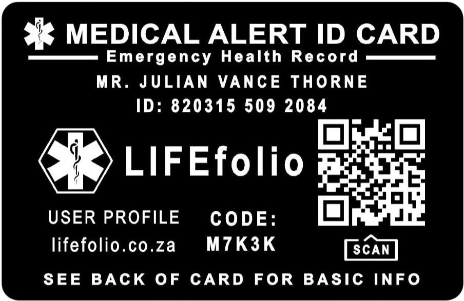 LIFEfolio Medical Alert Card — front